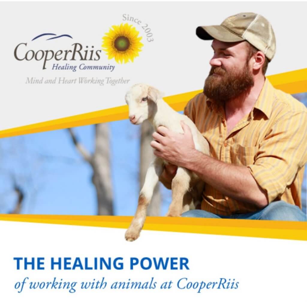 Graphic with CooperRiis logo and photo of a man holding a baby goat