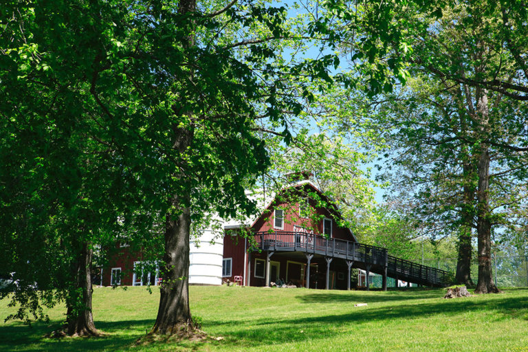 red barn surrounded by trees