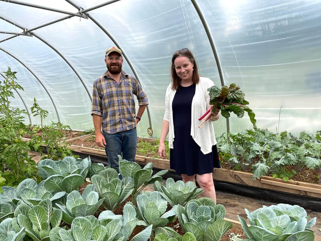 people in greenhouse holding picked chard