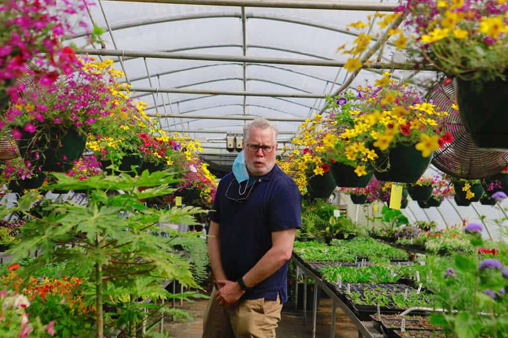 man in greenhouse with hanging flowers