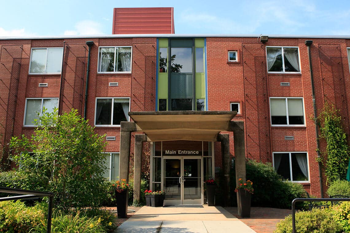 main entrance of brick building