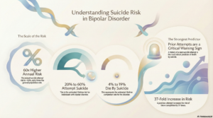 suicide in bipolar infographic: 20 to 60% attempt suicide; 4 to 19% die by suicide. Previous attempt correlated with a 37-fold increase in mortality of subsequent attempt.