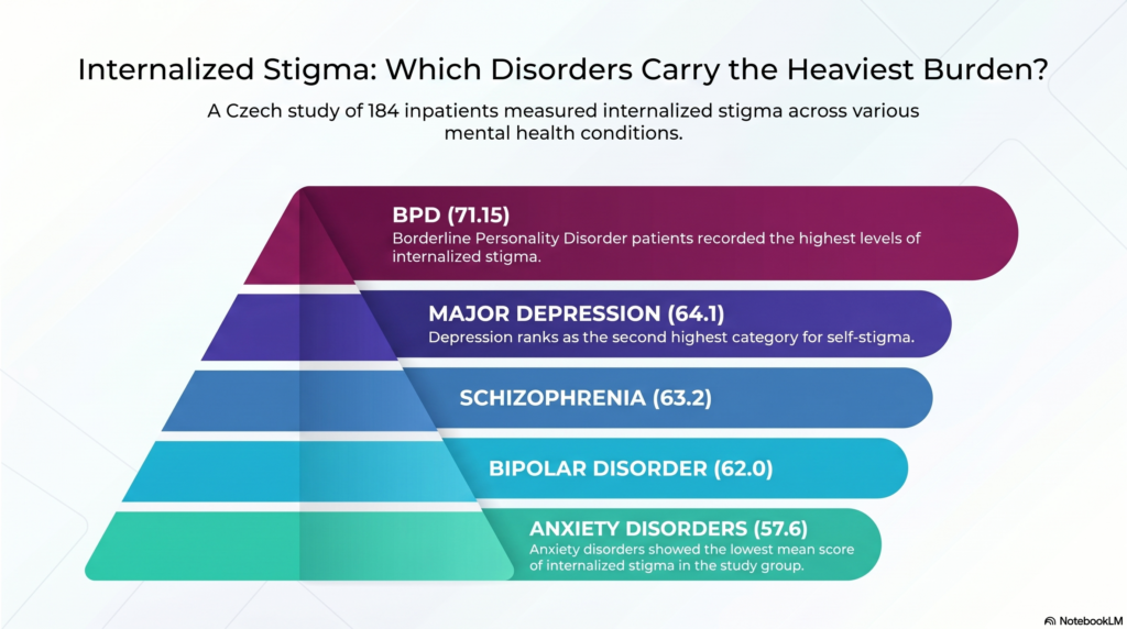 Internalized Stigma in Mental Health: BPD 71%, depression 64%, schizophrenia 63.2%, bipolar 62%, anxiety disorders 58%.