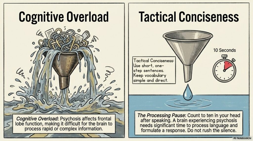 Pillar 2 of communicating during psychosis, as outlined in the text below. Funnels illustrate cognitive overload (overflowing) and tactical conciseness (clean, empty).